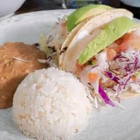 Shrimp Ensenada Taco Plate · Beer-battered shrimp, served on a homemade corn tortilla, with pico de gallo and shredded ca...