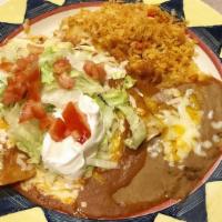 Enchiladas Verdes · Three shredded beef enchiladas topped with lettuce, tomatoes, sour cream, and our special mi...