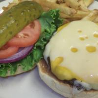 All American Cheeseburger · Topped with three cheeses: Cheddar, Provolone, and Swiss.

Contains or may contain raw or un...