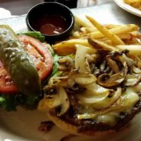 Swiss, Mushroom & Grilled Onion Burger · Contains or may contain raw or undercooked ingredients. Consuming raw or undercooked meats, ...