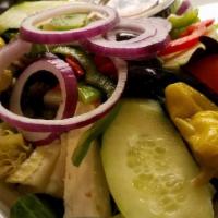 Lg Greek Salad · Fresh mixed greens topped with tomato, cucumbers, green peppers, red peppers, pepperoncini p...
