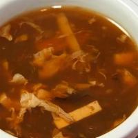 Hot & Sour Soup · Hot and spicy. Bamboo shoot, dried mushroom, tofu and egg.