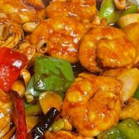 Kung Pao Shrimp · Hot and spicy. Marinated shrimp sautéed with dry hot pepper, bell pepper, mushroom and peanu...