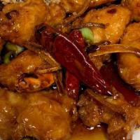 Ck11. Orange Chicken · Hot and spicy. Breaded fried chicken, orange peel in sweet and spicy orange sauce and fresh ...