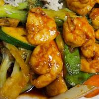 Shrimp With Vegetable · White sauce or brown sauce. Shrimp, zucchini, snow pea, mushroom, celery, carrot, broccoli.