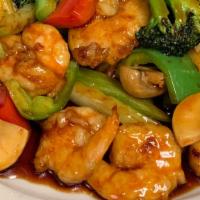Shrimp With Spicy Garlic Sauce · Hot and spicy. Shrimp, broccoli , bell pepper, mushroom and celery in spicy garlic sauce.