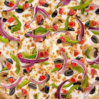 Veggie Lovers Pizza · Diced roma tomatoes, green bell peppers, mushrooms, red onions, black olives. 9 inch hand to...