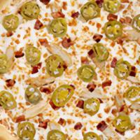 Bbq Chicken Pizza · Grilled chicken, bacon, jalapenos and BBQ sauce. 9 inch hand tossed crust