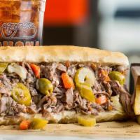 Italian Beef Sandwich  · comes with Mozzarella Cheese, Banana Pepper, Giardiniera & Side of French Fries