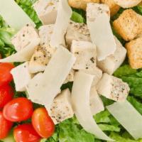 Caesar · Romaine, Tomatoes, Croutons, Parmesan Cheese, and chicken. Paired with Caesar Dressing