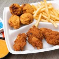 Wings Momo Combo · Three pieces of chicken hot wings, five pieces of momo steamed or fried, French fries, two s...