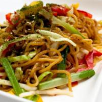 Yakisoba Fried Noodle · Pan fried noodle with brocolli, red bell pepper, onion, cabbage.