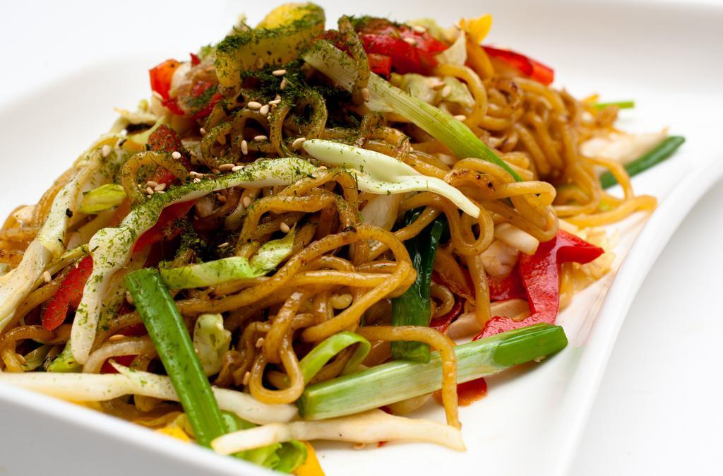 Yakisoba Fried Noodle · Pan fried noodle with brocolli, red bell pepper, onion, cabbage.