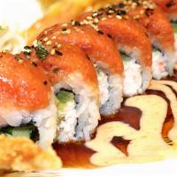 Hot Night Roll · Spicy. Shrimp tempura on bottom with spicy tuna on top, mayo, and eel sauce. Spicy.