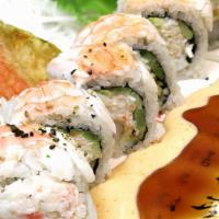 Tiger Roll · Shrimp tempura roll with shrimp on top, mayo, and eel sauce.