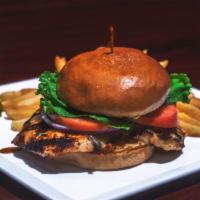 Blackened Chicken Sandwich · Grilled chicken breast, pepper jack cheese, lettuce, tomato, onion and chipotle Mayo.