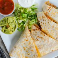 Quesadillas · Cheddar and pepper jack cheese, peppers, onion, sour cream, black bean salsa and guacamole.