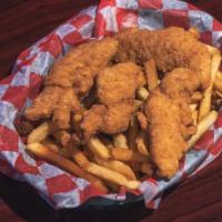 Chicken Tenders · 3 Battered and Fried Chicken Strips served with French Fries!