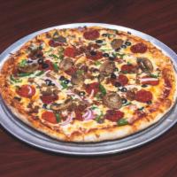 Medium The Works Pizza · Pepperoni, Sausage, Olives, Onions, Green Peppers, and Mushrooms!