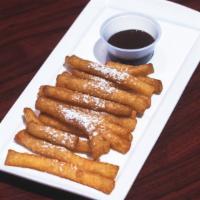 Funnel Cake Fries · Powdered sugar and chocolate dipping sauce.