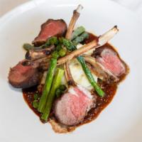 Rack Of Lamb* · Asparagus, Green Garbanzo Beans, Whipped Potato, and Mustard Seed Demi Glace.