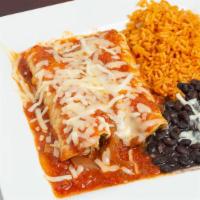 Cheese Enchiladas Platter · Two corn tortillas rolled with melted cheese and diced red onions topped with enchilada sauc...