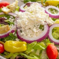 Greek Salad · Mixed salad greens, tomato, onion, pepperoncini, and feta cheese served with house Italian d...