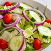 House Salad · Mixed greens, tomatoes, cucumber, and red onion.