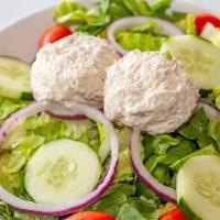 Tuna Salad Plate · A heaping helping of our freshly prepared tuna salad on mixed salad greens with tomato, cucu...