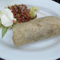 Burritos · A fresh soft flour tortilla burrito served with rice, beans, lettuce, pico de gallo, cheese ...