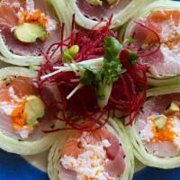 Shirley Roll · Tuna, Salmon, Yellowtail, Imitation Crab, Smelt Eggs, Avocado, Cucumber Wrap with Soy Paper,...