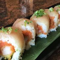 Yuji Roll · Spicy Tuna, Shrimp Tempura with Albacore and Scallion on Top with Spicy Yuji Sauce, Garlic P...