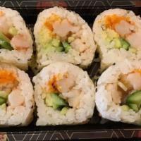 Scampi Roll · Sauteed Shrimp, Cucumber, Smelt Eggs, Avocado, Soy Paper with Garlic Sauce.
