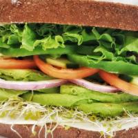 Santa Monica Ave. Sandwich · Vegetarian. Tons of avocado laid on a bed of sprouts, tomato, onions, cucumbers, bell pepper...