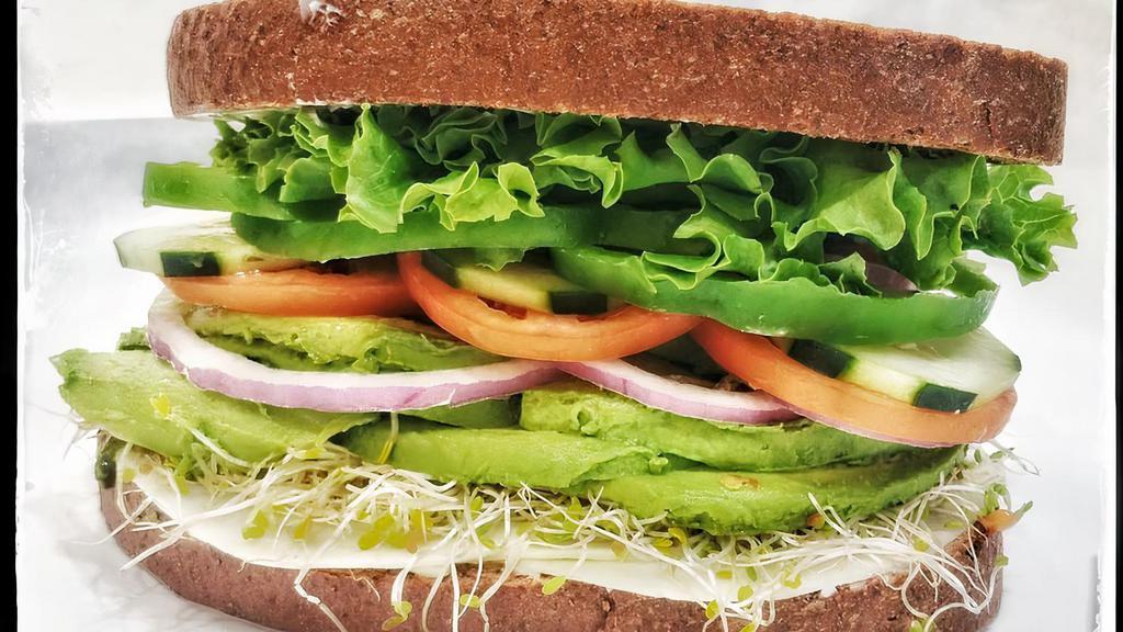 Santa Monica Ave. Sandwich · Vegetarian. Tons of avocado laid on a bed of sprouts, tomato, onions, cucumbers, bell peppers, mayo, mustard, and Jack Cheese.  You are able to modify on choices below.