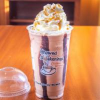Harley · Caramel & chocolate sauce, vanilla syrup, cocoa, half & half, blended with ice, topped with ...