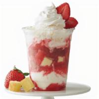 Strawberry Short Cake Sundae · Sweet Cream Ice Cream, yellow cake pieces, and strawberry syrup, topped with whipped cream a...