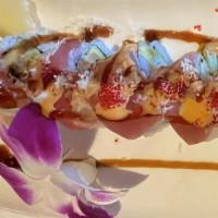 Ban Ban Roll · Shrimp tempura, crab stick, avocado topping with tuna, crunch, spicy mayo & eel sauce.