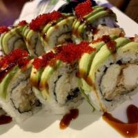 Maryland Roll · Fried soft shell crab, blue crabmeat, topping with avocado and flying fish roe.