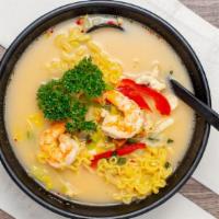 Ramen · Korean noodles in hot spicy soup broth with chicken and shrimp.