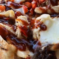 Bbq Chicken · Shredded chicken, sauce goddess bbq sauce, caramelized onions, red peppers and mozzarella.