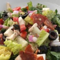 The Chopped · Pepperoni, fresh mozzarella, tomatoes, olives, onions, pepperoncinis and romaine lettuce tos...