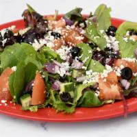 Mediterranean Salad · Mixed greens, feta cheese, tomato, cucumber, red onion, olives with balsamic dressing.