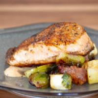 Salmon Vieux Carre · Sauteed blackened salmon with a side of fried Brussels sprouts, whole grain honey mustard, f...