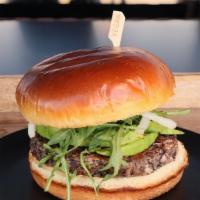 Garden Burger · Black bean burger patty made by Bloom Foods, arugula, avocado, tomato, onions, pickles, and ...