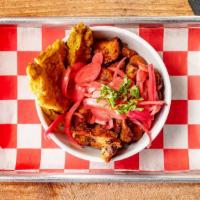 Chicharron De Pollo Bowl · Gluten Free. Fried chicken and pickled onions. Served with rice, beans, sweet plantains, and...