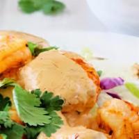 Tacos De Camaron · Gulf shrimp sautèed in chile-lime butter, fresh vegetables y coleslaw a la Mexicana with arr...