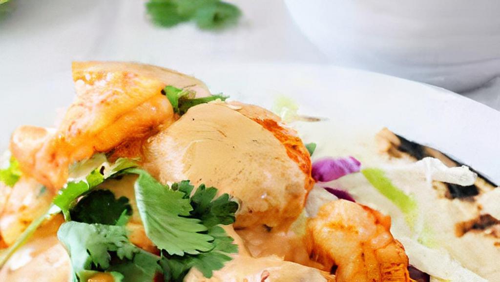 Tacos De Camaron · Gulf shrimp sautèed in chile-lime butter, fresh vegetables y coleslaw a la Mexicana with arroz y sliced avocado ensalada.