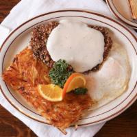 Chicken Fried Steak & Eggs · Includes four buttermilk pancakes and choice of country or brown gravy.