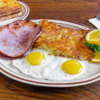 Ham & Eggs · One large slice of ham with two eggs any style, served with four buttermilk pancakes.